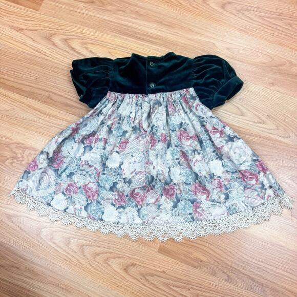 Baby Girls Vintage Dress 12M 90s Christmas Holiday Velour Floral Rose Lace Green - Picture 2 of 5